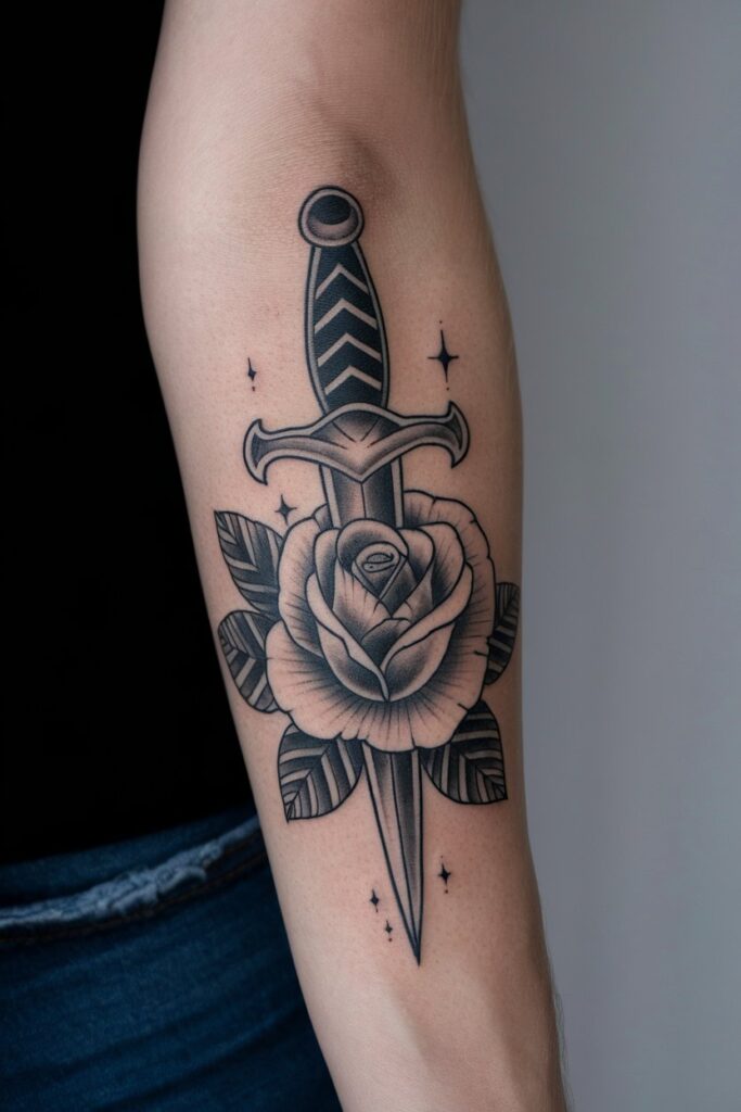 Dagger and Rose Tattoo for a Bold Statement of Strength