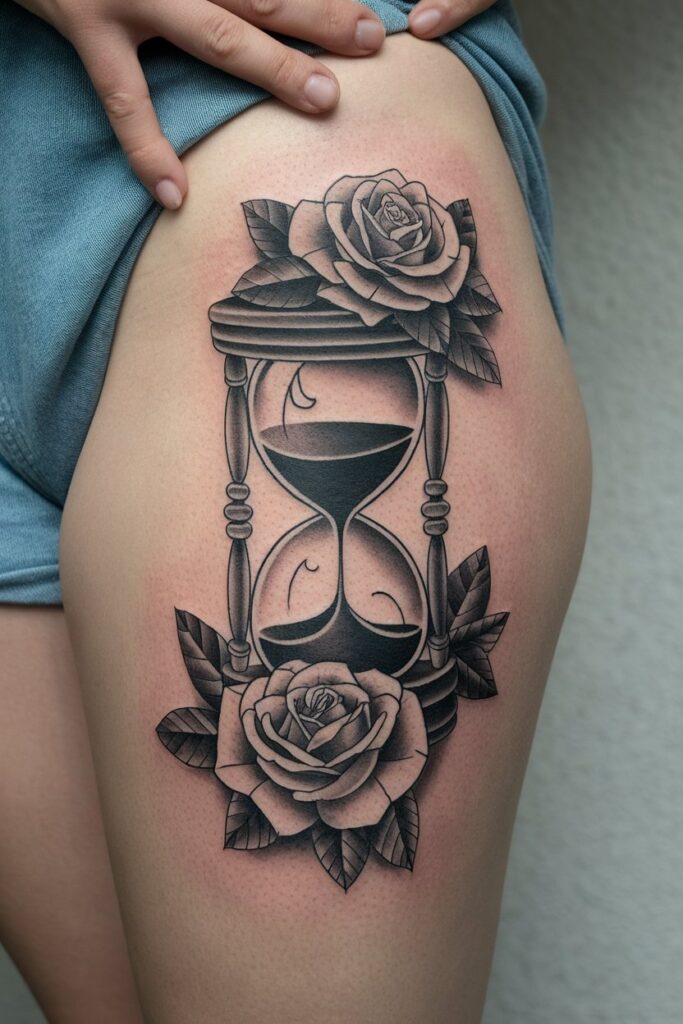 Hourglass and Roses Tattoo for a Timeless Reminder of Life’s Flow