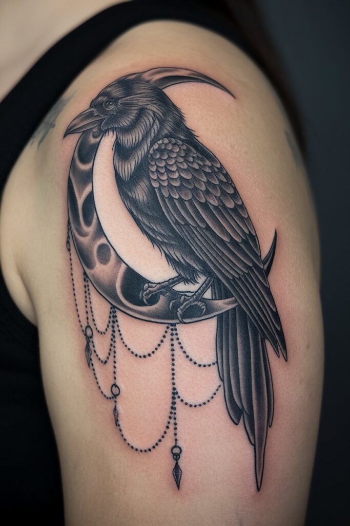 Raven and Crescent Moon Tattoo for a Mysterious Vibe