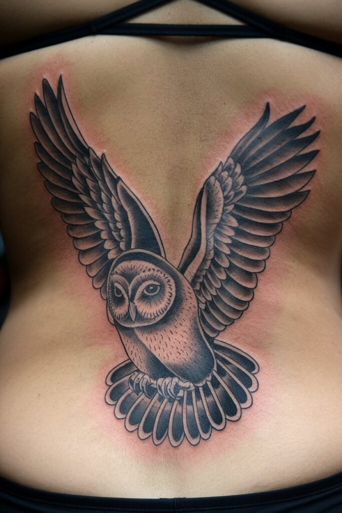 Owl Tattoo Spanning the Back for a Powerful Symbol of Wisdom