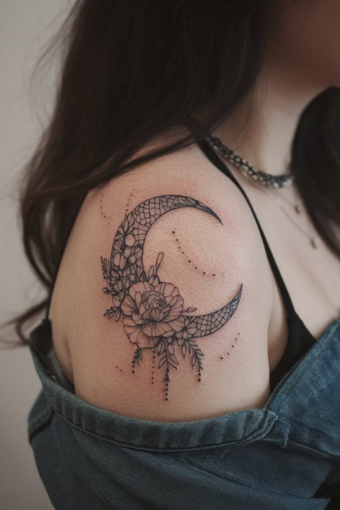 Floral Crescent Moon Tattoo for a Delicate and Feminine Look