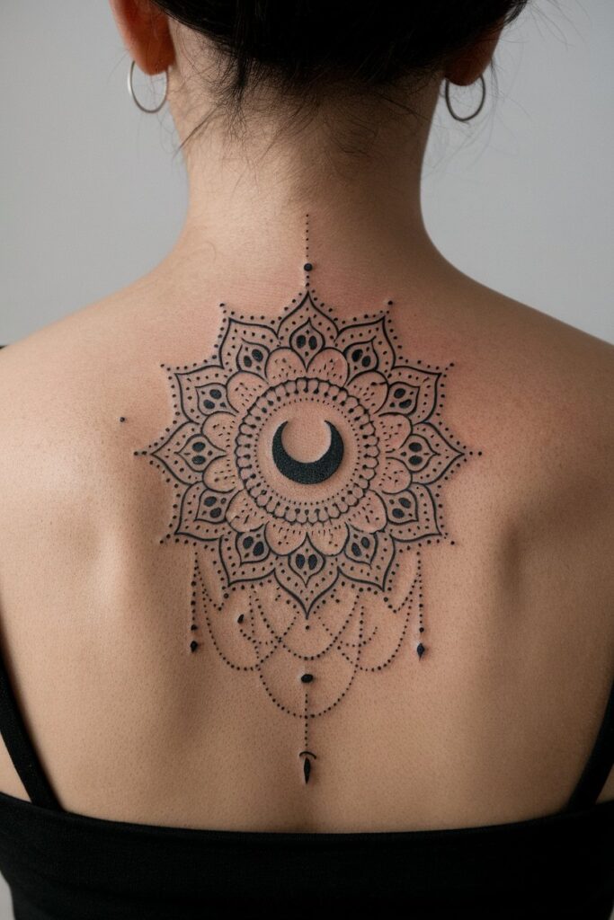 Intricate Mandala with Crescent Moon Tattoo for Balance and Beauty