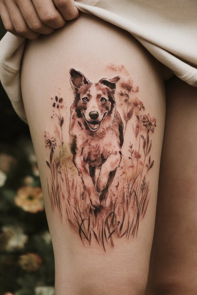 Watercolor Running Dog Tattoo