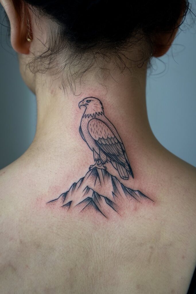 Eagle Perched on Mountain Neck Tattoo