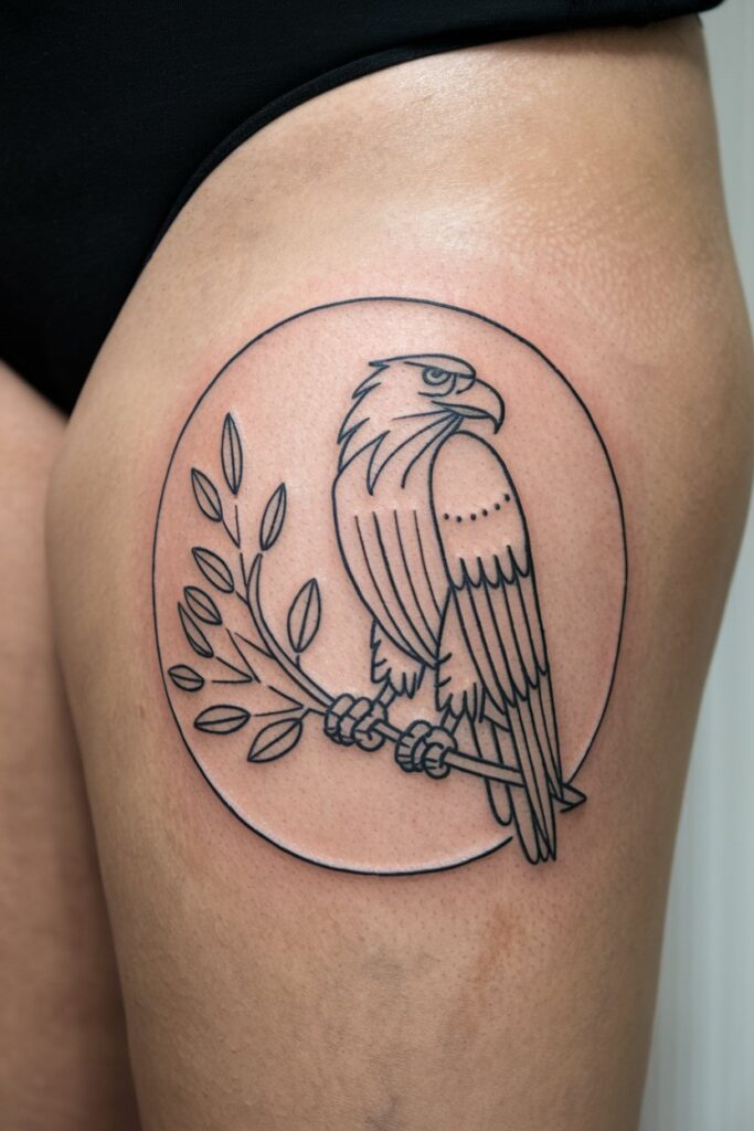 Bold Eagle Line Art Thigh Tattoo