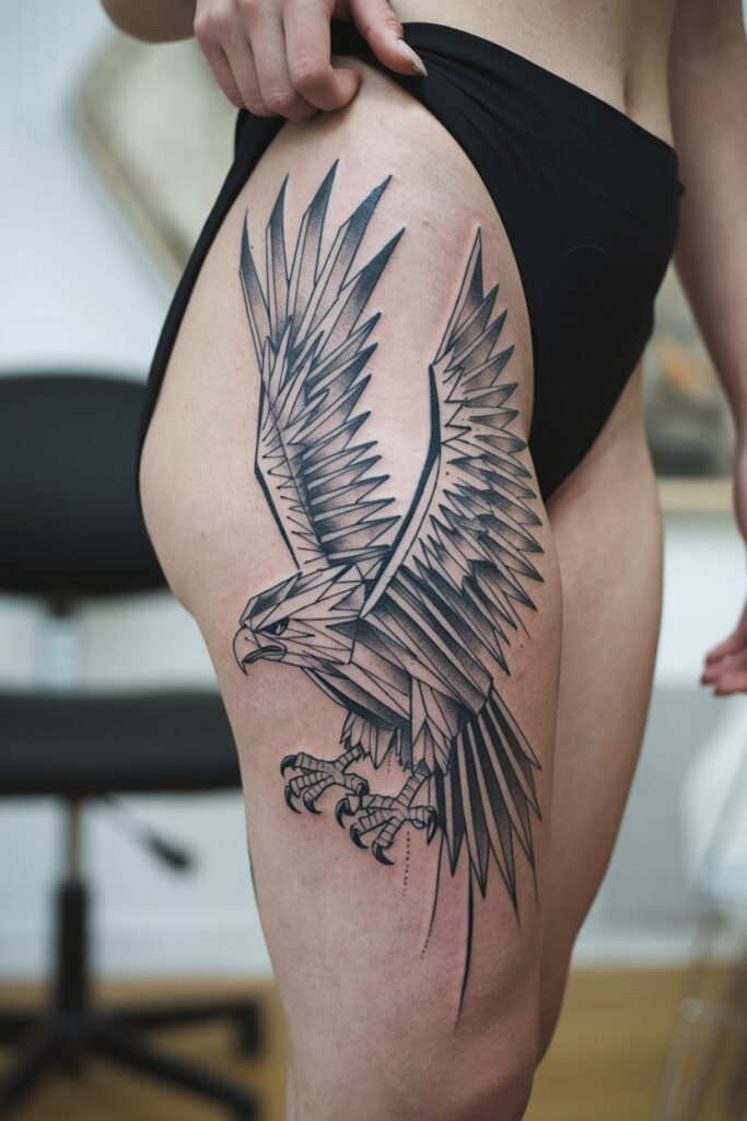 Geometric Eagle Tattoo on Thigh