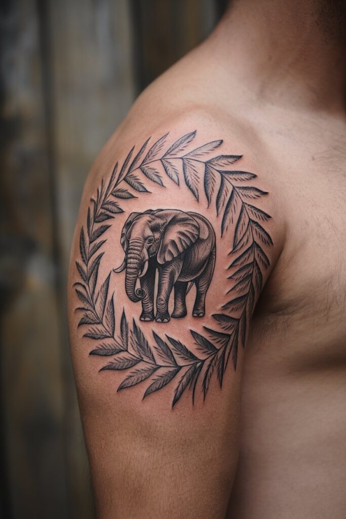 Elephant Tattoo with Elegant Leaf Wreath