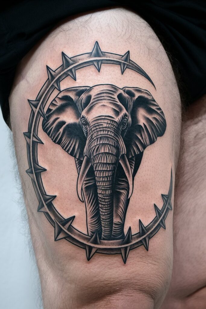 Elephant Tattoo with Bold Barbed Circle Design