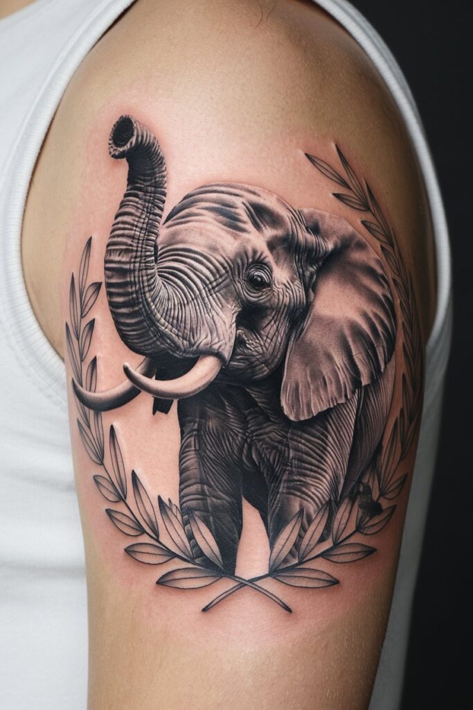 Realistic Elephant Tattoo with Laurel Accents