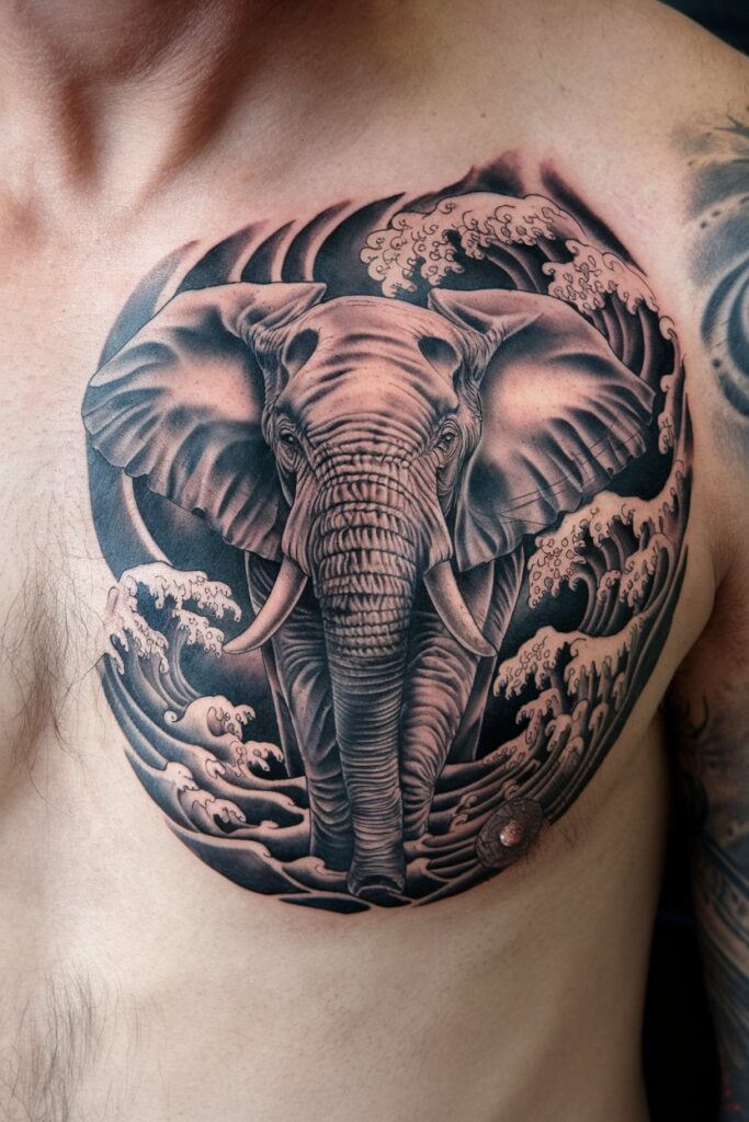 Elephant Tattoo with Ocean Waves Design