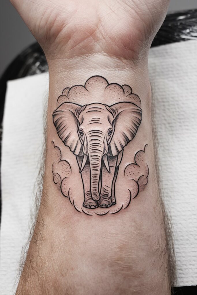 Elephant Wrist Tattoo with Cloudy Detail