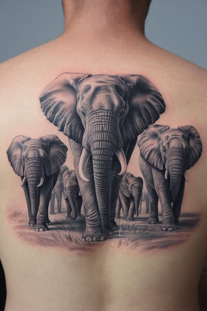 Elephant Herd Back Tattoo with Powerful Symbolism