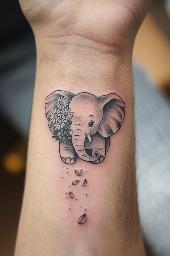 Playful Elephant with Daisies