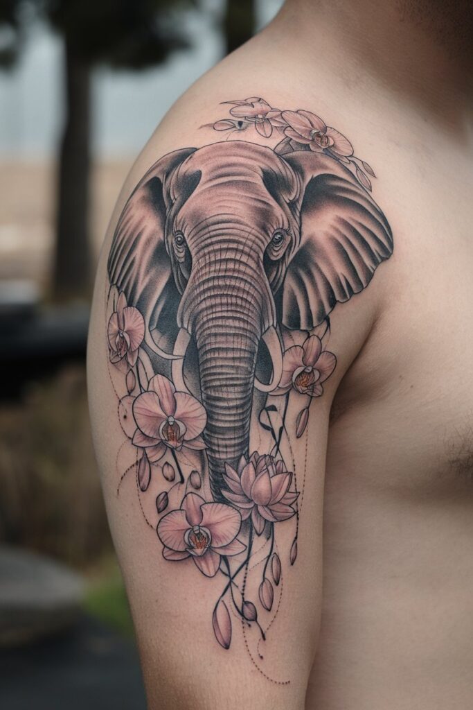 Elephant with Orchids and Lotus Blooms