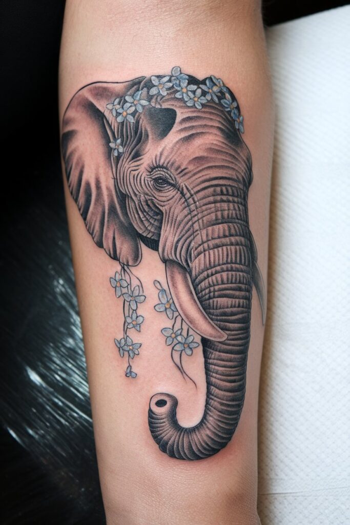 Elephant with Blue Flowers