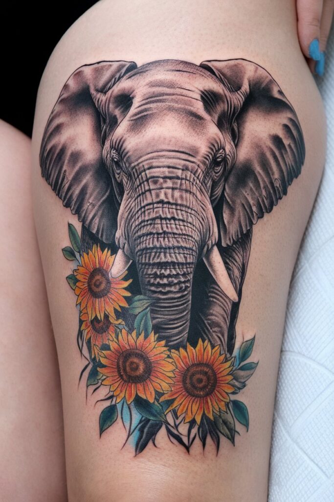 Elephant with Vibrant Sunflowers