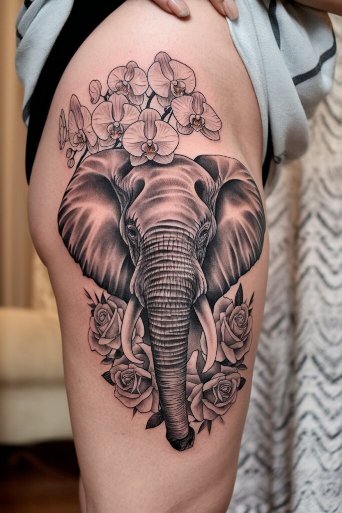 Majestic Elephant with Orchids and Roses