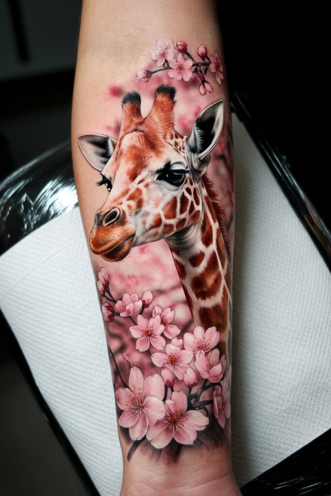 Giraffe with Cherry Blossoms Tattoo