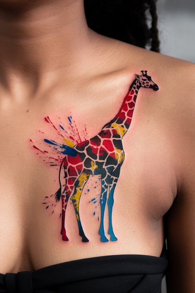 15. Color Splash Giraffe Tattoo