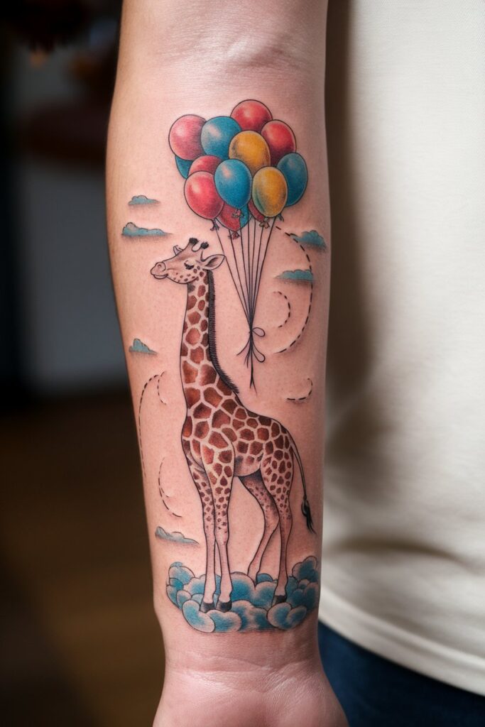 Whimsical Giraffe with Balloons Tattoo