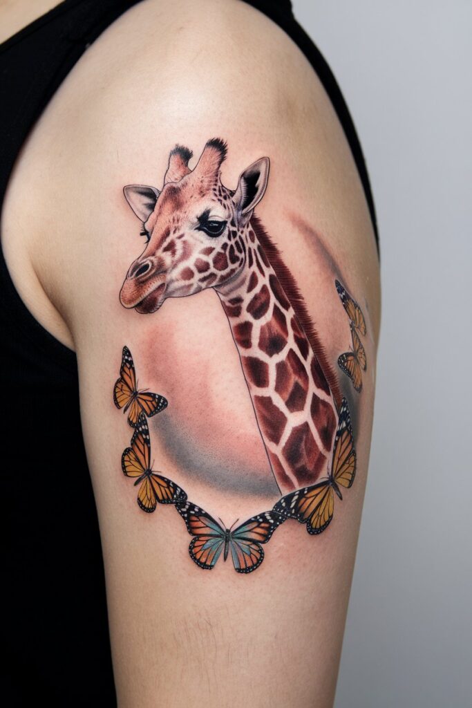 Vibrant Giraffe and Butterfly Tattoo