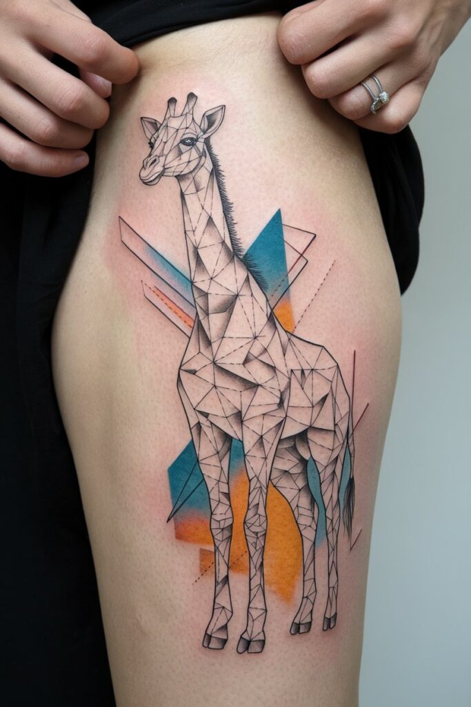 Geometric Giraffe Tattoo with Color Accents