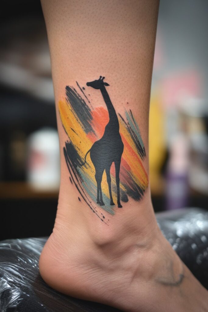 6. Silhouette Giraffe Tattoo with Brushstroke Colors