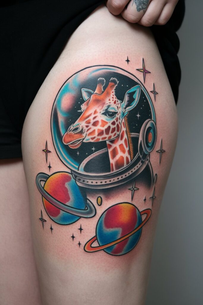 Space Giraffe Tattoo with Planets