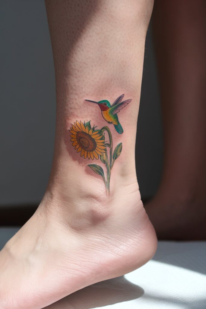 Charming Hummingbird and Sunflower Tattoo on Ankle