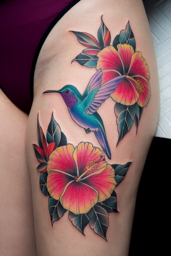 Bold Hummingbird Tattoo with Vibrant Hibiscus Flowers