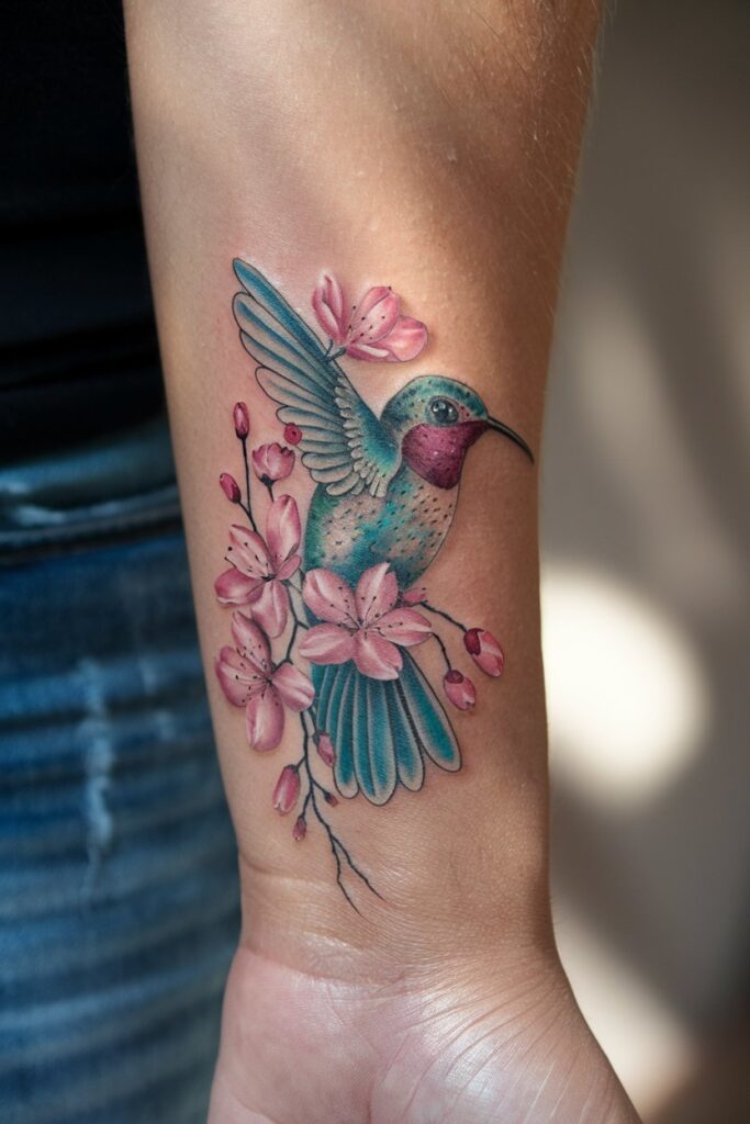 Elegant Hummingbird and Cherry Blossom Wrist Tattoo