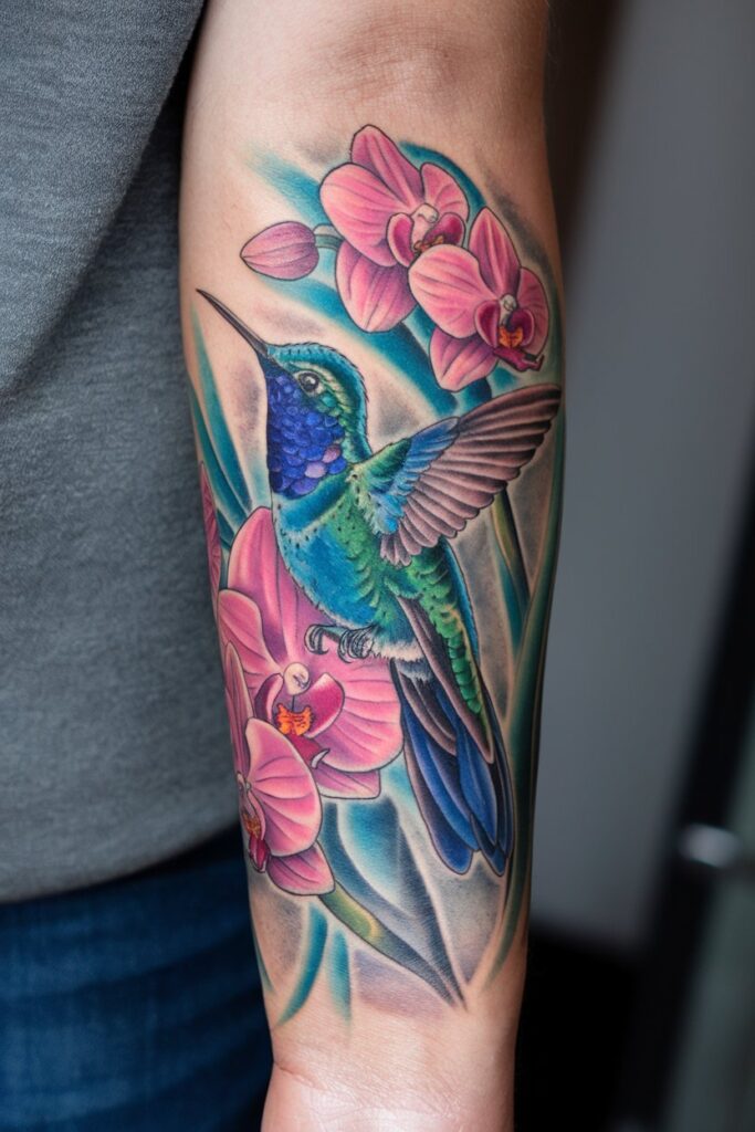 Vibrant Hummingbird Tattoo with Orchid Accents