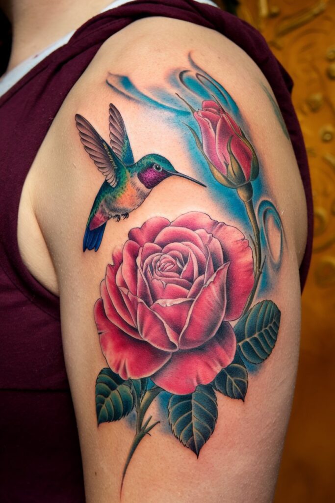 Hummingbird and Rose Tattoo with a Splash of Color