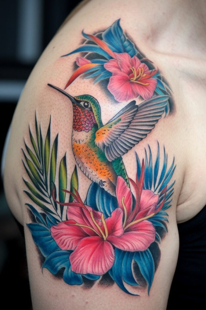 Vibrant Hummingbird and Tropical Flowers Shoulder Tattoo