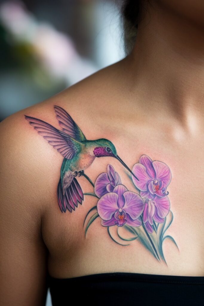 Delicate Hummingbird and Orchid Shoulder Tattoo