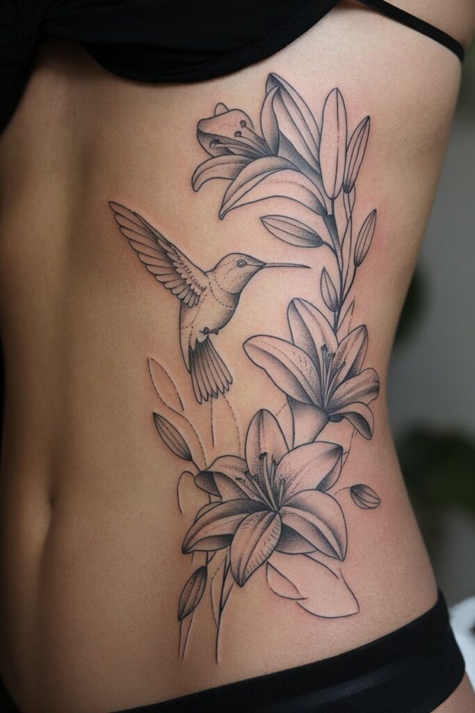 Elegant Hummingbird and Lily Outline Tattoo on Ribcage