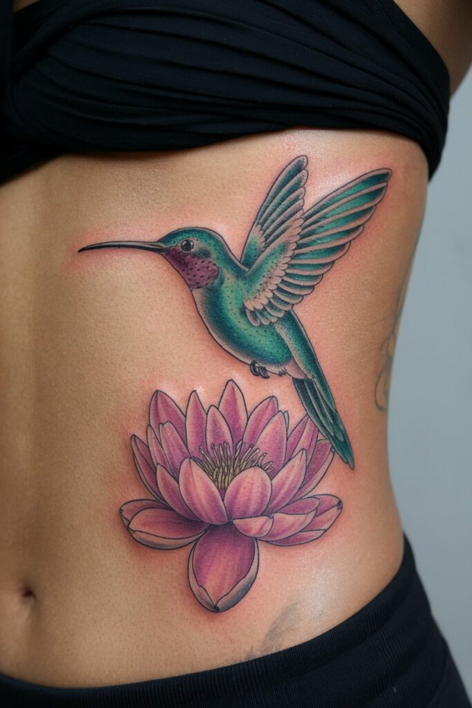 Graceful Hummingbird and Lotus Flower Rib Tattoo