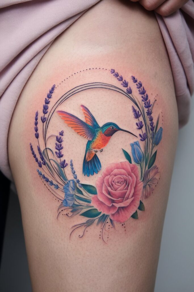 Colorful Hummingbird and Floral Tattoo for a Bold Look