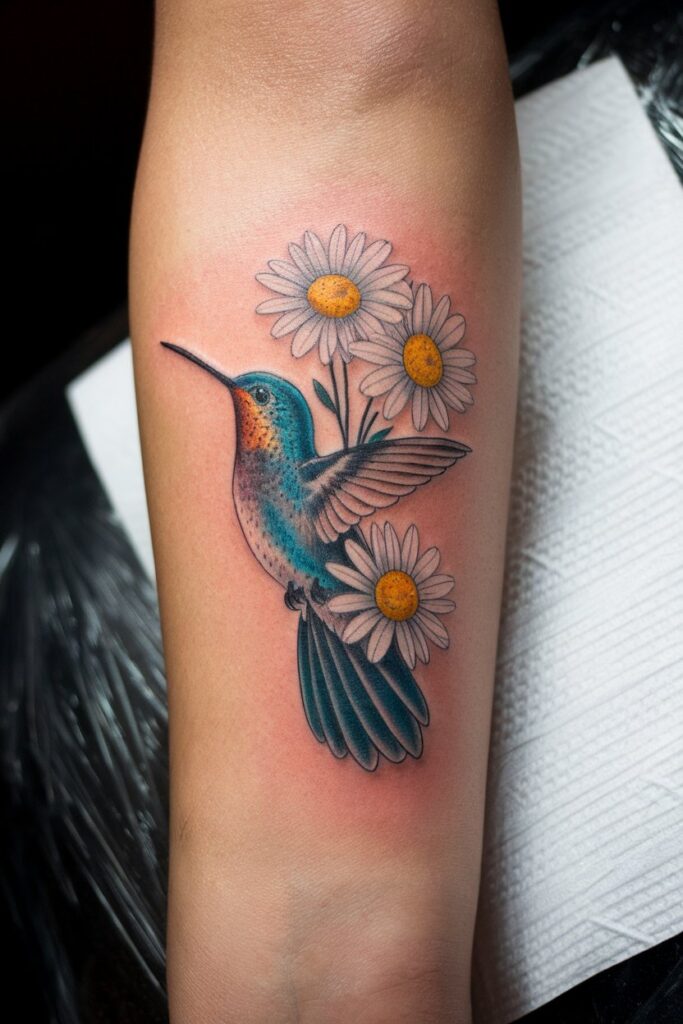 Delicate Hummingbird and Daisies Tattoo for a Fresh Look