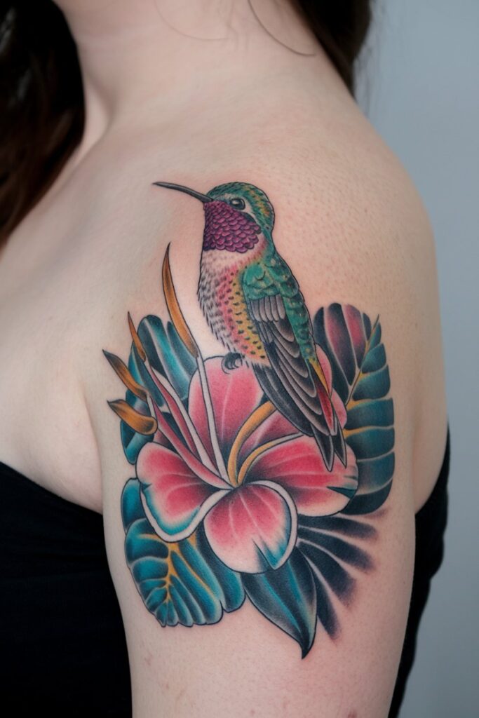  Vibrant Hummingbird and Tropical Flower Tattoo