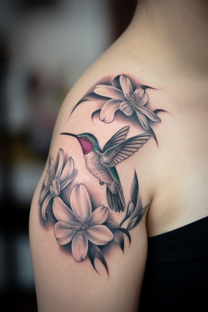 Graceful Hummingbird and Floral Tattoo with Soft Shading