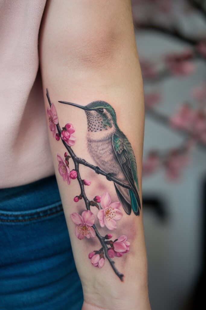 Serene Hummingbird and Cherry Blossom Tattoo Design