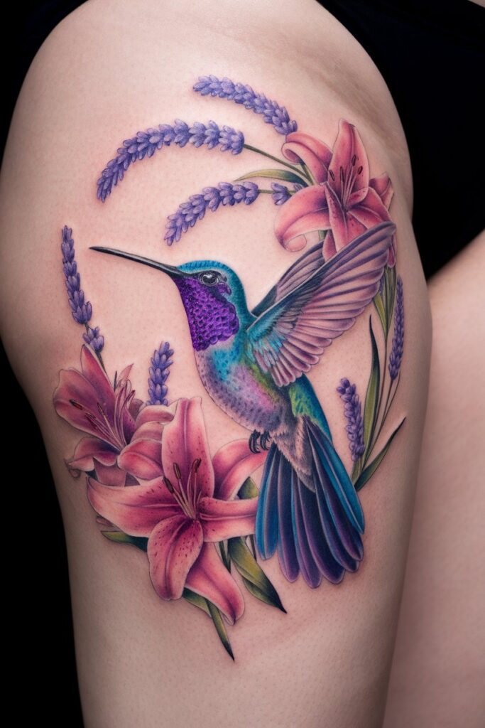  Vivid Hummingbird Tattoo with Lilies and Lavender