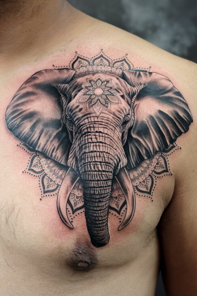 Majestic Mandala Elephant Chest Tattoo