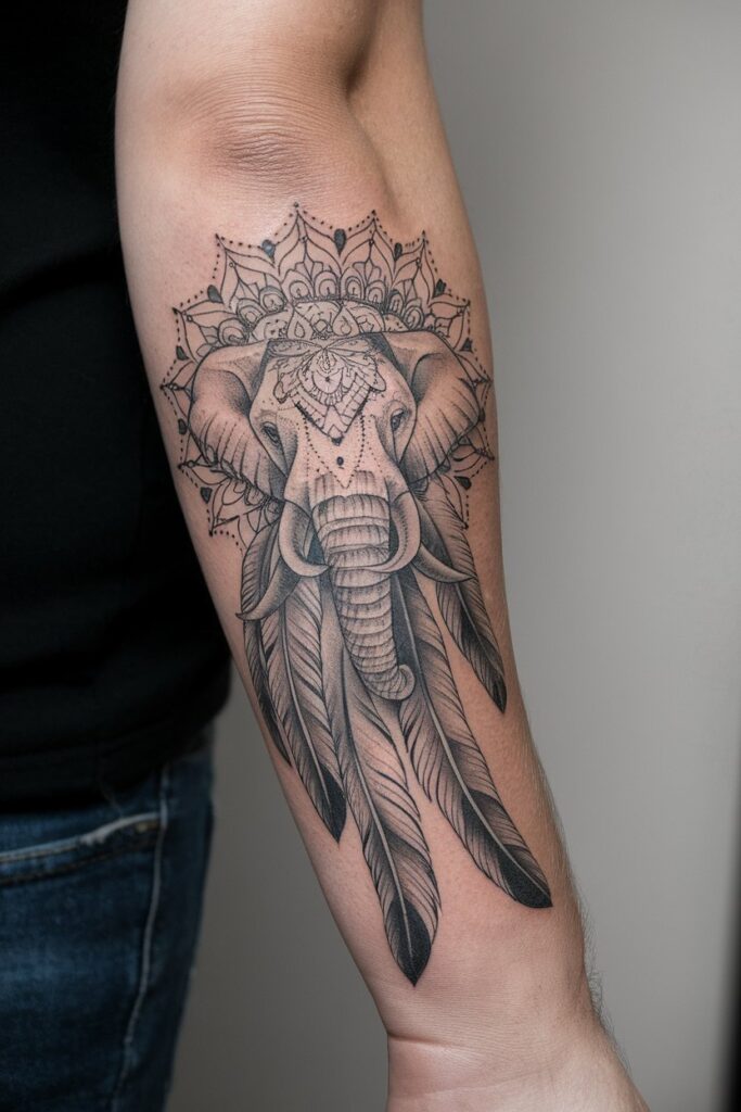 Elephant Mandala Tattoo with Feather Accents