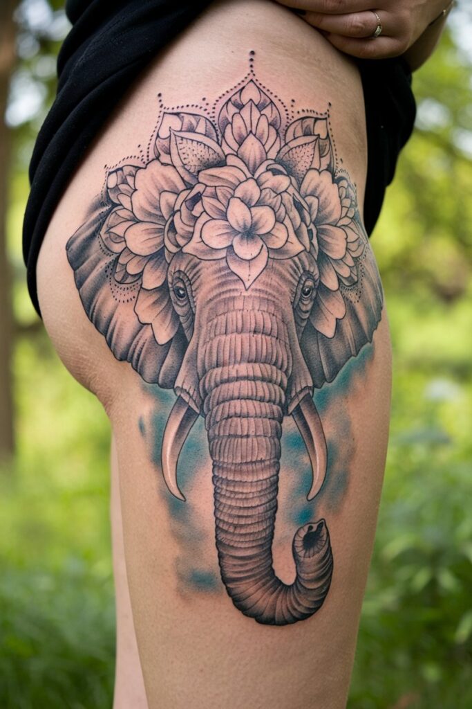 Floral Mandala Elephant Thigh Tattoo