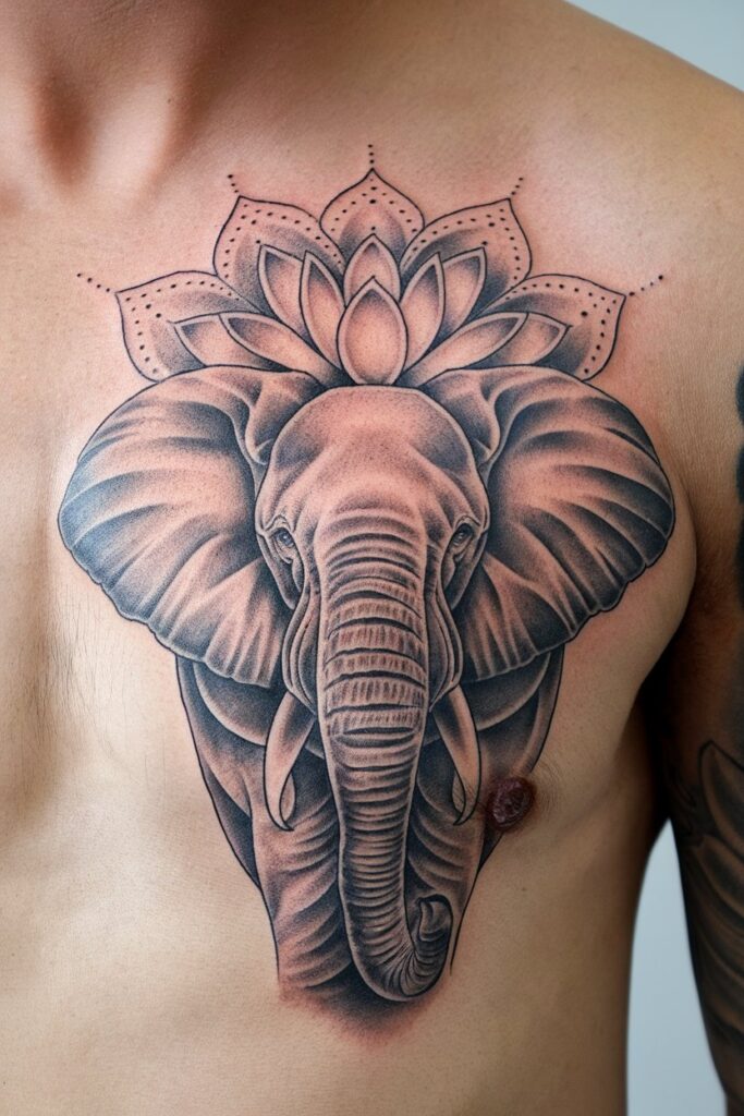 Bold Mandala Elephant Tattoo with Lotus Accent