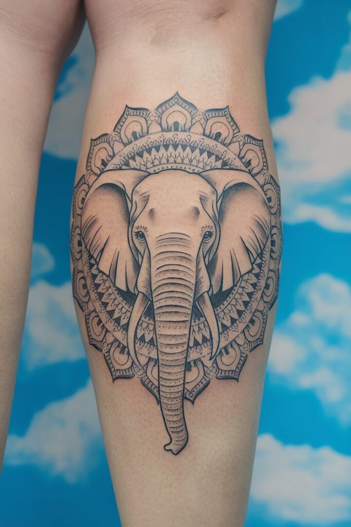 Detailed Mandala Elephant Tattoo on Thigh