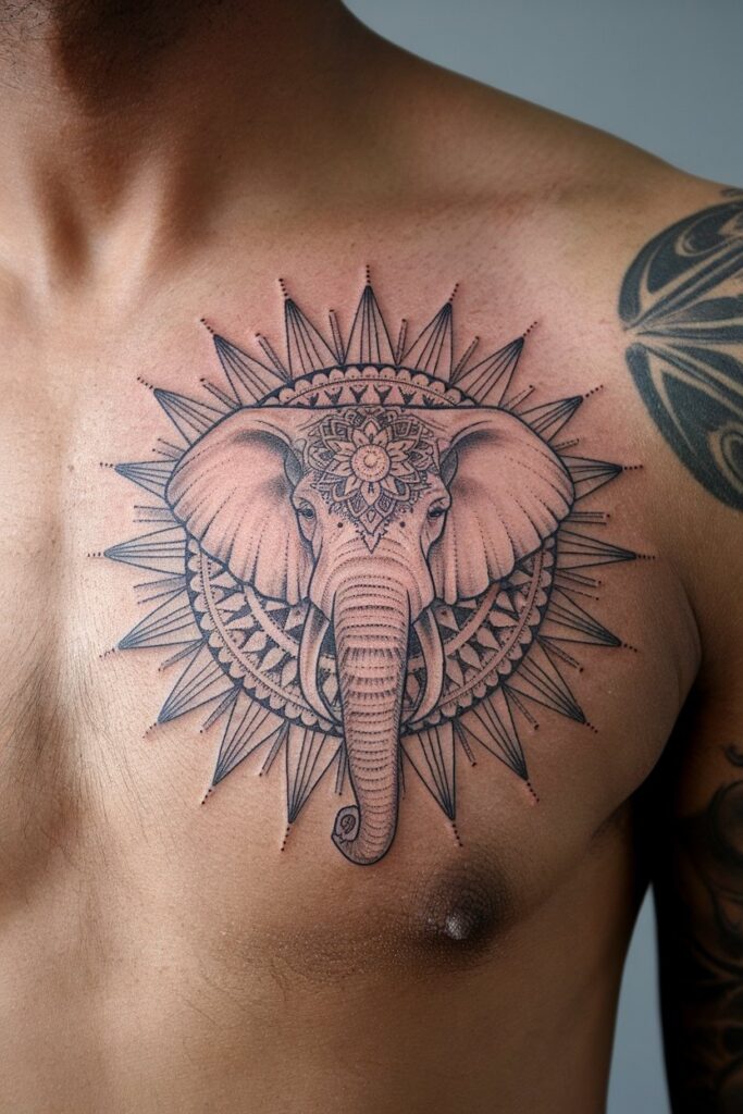 Radiant Mandala Elephant Chest Tattoo