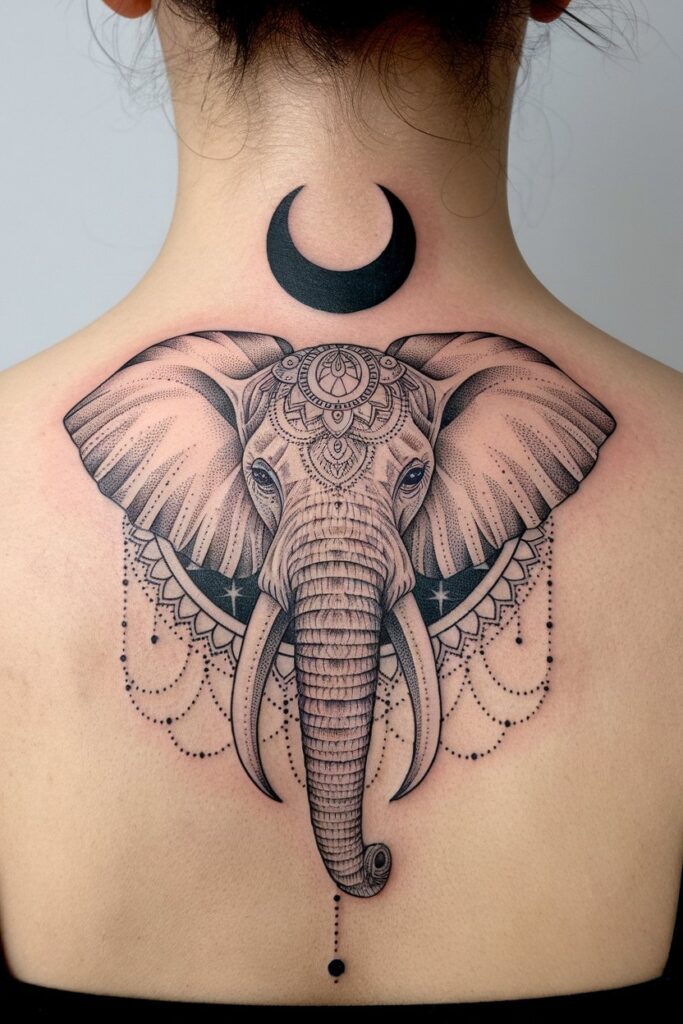 Elegant Mandala Elephant Tattoo with Crescent Moon